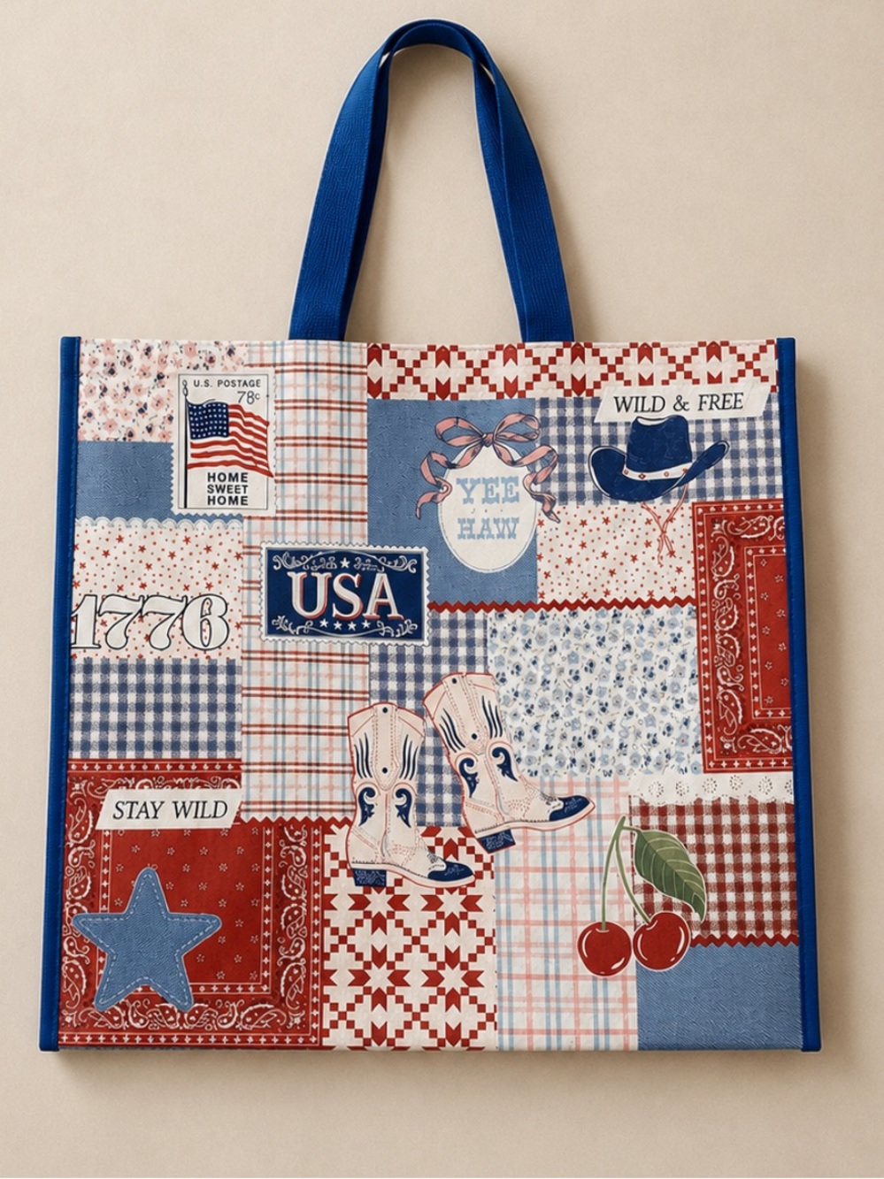 Patriotic western print reusable tote bag